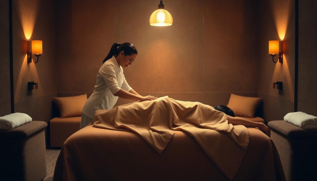 A serene, dimly-lit spa setting with plush, earthy-toned furnishings. A professional masseuse, dressed in a crisp white uniform, kneads the back of a reclining figure enveloped in soft, draped fabrics. Gentle lighting from sconces and a single, centrally-placed pendant casts a warm, calming glow. The scene exudes a sense of tranquility and rejuvenation, reflecting the therapeutic nature of the massage experience and its power to cleanse the body of negative energy.