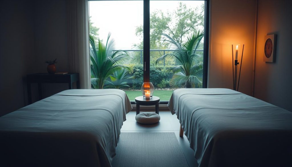 A serene, dimly lit studio space with soft, diffused lighting. In the foreground, two massage tables sit side by side, their surfaces draped in plush, neutral-colored linens. The middle ground features a meditation cushion and a small table with a burning candle, casting a warm, tranquil glow. In the background, a large window reveals a soothing view of a lush, verdant garden, with swaying trees and a glimpse of the sky. The overall atmosphere is one of tranquility, balance, and the harmonious union of mindfulness and physical healing.