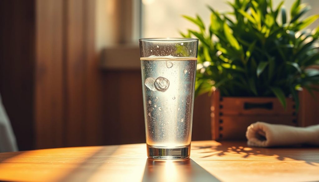 A serene image of a glass of fresh, cool water on a smooth, wooden table, bathed in warm, natural lighting. The glass is perspiring, reflecting the tranquil scene around it. In the background, a lush, verdant plant adds a touch of greenery, creating a calming, spa-like atmosphere. The overall mood is one of relaxation and rejuvenation, inviting the viewer to savor the moment and enjoy the restorative properties of this simple, yet essential, post-massage ritual.