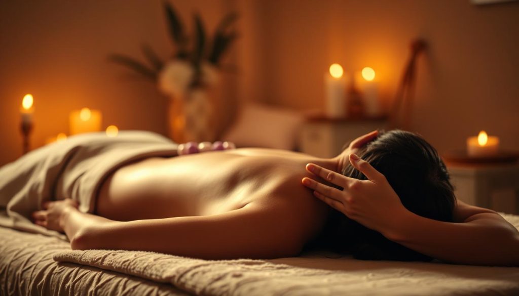 A serene, intimate massage session in a warm, candlelit room. Delicate, flowing strokes caress the figure, evoking a profound sense of relaxation and emotional release. The subject's face is obscured, allowing the viewer to focus on the soothing, tactile experience. Soft, muted tones and a hazy, dreamlike atmosphere create a deeply immersive and calming visual. Subtle details, such as the gentle curl of fingertips and the plush texture of the massage table, heighten the sensory experience. The overall composition conveys the powerful connection between physical touch and emotional well-being.
