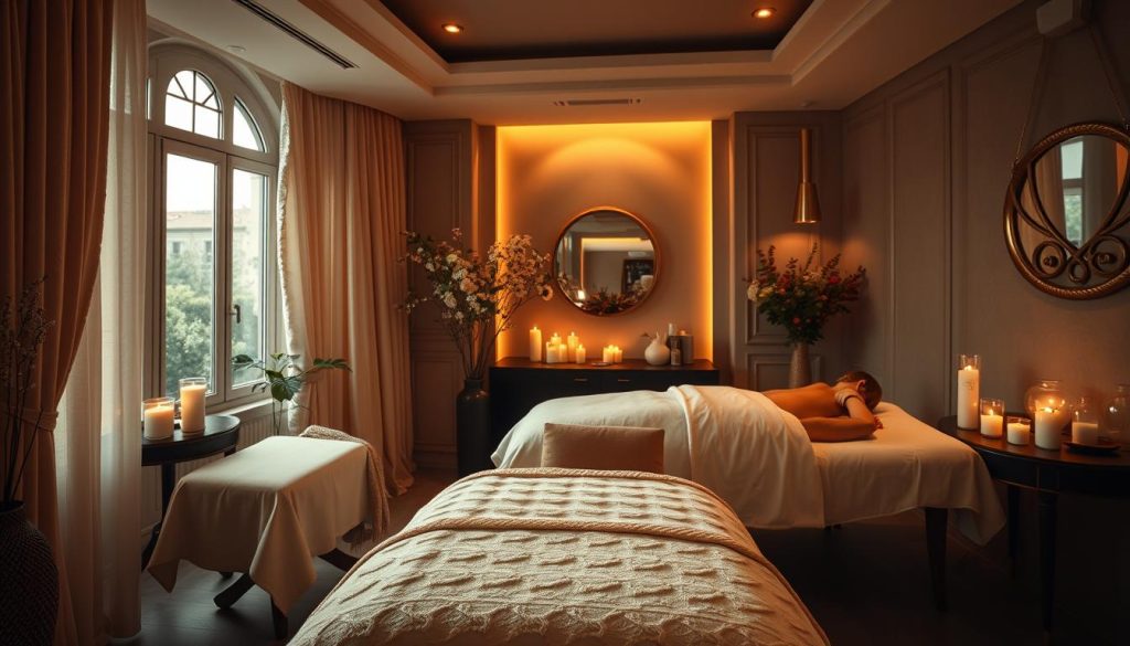 A serene, luxurious massage studio in Istanbul, filled with natural light and elegant decor. Plush, dimly-lit treatment rooms with soft, aromatherapy-infused linens. Skilled masseuses perform a rejuvenating, personalized massage experience, using long, flowing strokes and deep, targeted kneading to melt away tension and stress. Calming ambient music, flickering candlelight, and the soothing scent of essential oils create a tranquil, indulgent atmosphere. Clients emerge refreshed, revitalized, and in a state of profound relaxation.