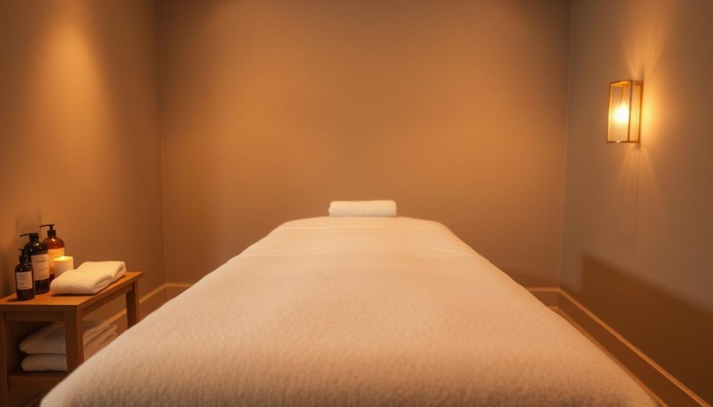 A serene massage studio, dimly lit with warm, soft lighting. Massage oils and towels are neatly arranged on a wooden side table. In the center, a massage table with plush, neutral-toned linens awaits, its surface slightly depressed, indicating the perfect pressure has been applied. The room has a tranquil, calming atmosphere, conveying the importance of finding the right balance of massage pressure - not too light, not too heavy, but just the right amount to soothe and relax the muscles.