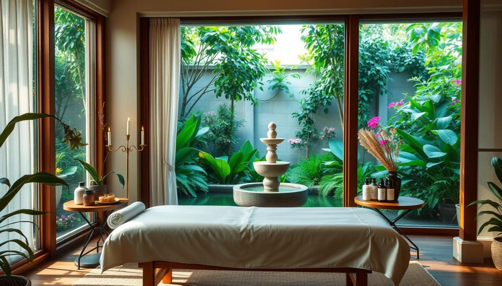 A serene, minimalist butik massage studio nestled in lush, verdant foliage. Soft, diffused natural light filters through large windows, casting a warm, inviting glow. In the foreground, a low, wooden massage table dressed in crisp, white linens beckons. Nearby, an elegant side table displays an array of organic oils and lotions. The middle ground features a tranquil, indoor water feature, its gentle sounds promoting relaxation. The background reveals a stunning view of a private garden, its vibrant greenery and blooming flowers evoking a sense of harmony and balance. The overall atmosphere is one of luxurious simplicity, where the mind and body can fully unwind.