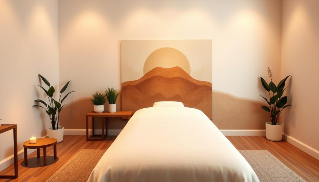 A serene, minimalist massage studio with warm, soft lighting and natural elements. The foreground features a massage table with crisp white linens, flanked by wooden side tables and potted plants. The middle ground showcases a calming, abstract wall mural in earthy tones. The background gently fades into a peaceful, neutral-toned environment, creating a sense of tranquility and well-being. The overall composition conveys the scientific benefits of massage through a visually soothing and therapeutic atmosphere.