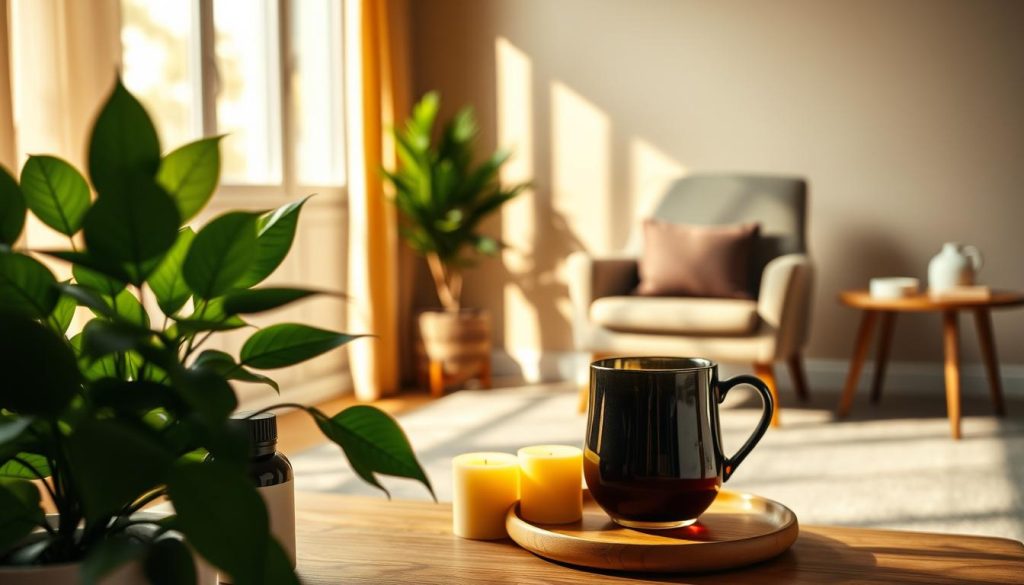 A serene, minimalist office setting with warm, natural lighting. In the foreground, a tranquil indoor plant and a pair of therapeutic massage oils or aromatherapy candles. The middle ground features a comfortable armchair and a side table with a cup of herbal tea, conveying a sense of relaxation and introspection. The background subtly blends earthy tones and soft textures, creating a calming, spa-like ambiance. The overall composition emphasizes the importance of a carefully curated environment for effective therapy sessions, guiding the viewer towards the "Doğru Terapist Seçimi için İpuçları" section.