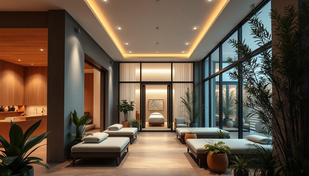 A serene, modern spa nestled in the heart of Ankara, Turkey, featuring an elegant, minimalist exterior with sleek lines and natural materials. The entrance leads to a welcoming reception area, leading to private treatment rooms bathed in soft, warm lighting. Plush, inviting furnishings and soothing, earthy color palettes create a tranquil, rejuvenating ambiance. Lush, verdant plants and natural wood accents evoke a sense of calm and balance. The layout emphasizes open, airy spaces, with large windows allowing natural light to fill the interior. High-quality, specialized massage equipment and relaxation areas complete the luxurious, boutique experience.