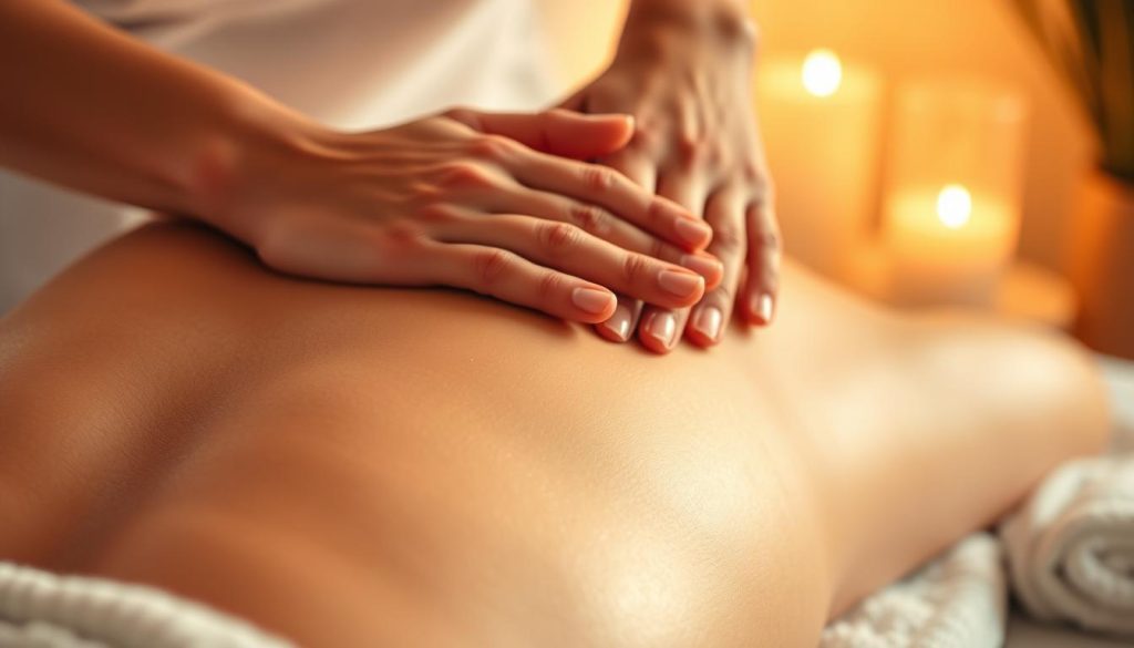 A serene, relaxing massage therapy scene featuring a close-up view of expertly kneading hands gently massaging a woman's back. The skin is glowing and radiant, reflecting the soft, warm lighting illuminating the scene. The massage therapist's hands are applying soothing, circular motions, using a custom blend of aromatic oils tailored to the client's unique skin type and needs. The background is blurred, creating a tranquil, spa-like atmosphere, allowing the viewer to focus on the calming massage technique. The overall mood is one of tranquility, self-care, and personalized wellness.