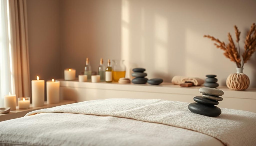 A serene, softly lit spa-like setting featuring an assortment of massage modalities. In the foreground, a massage table draped in plush linens and adorned with soothing aromatherapy candles. The middle ground showcases various massage tools and accessories, including smooth river stones, fragrant oils, and natural sponges. The background depicts a tranquil, minimalist ambiance with muted tones and gentle natural lighting, evoking a sense of relaxation and well-being. The overall composition conveys the variety and benefits of different massage techniques, from deep tissue to Swedish to hot stone, inviting the viewer to explore the perfect massage for their needs.