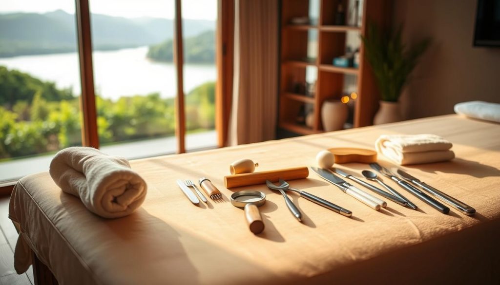 A serene spa-like setting with an array of massage tools and accessories neatly arranged on a wooden table. The table is illuminated by soft, diffused lighting, creating a warm and inviting ambiance. In the background, a tranquil landscape with lush greenery and a calming body of water is visible through a large window. The image conveys a sense of relaxation, wellness, and the diverse range of massage techniques available to the viewer.