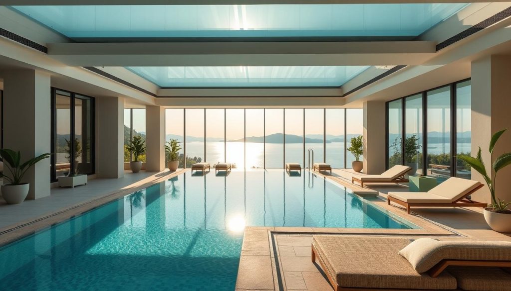 A serene spa oasis nestled along the picturesque Bosporus coastline of Istanbul. An elegant, modern structure with clean architectural lines and expansive windows framing the stunning waterfront views. Sunlight streams through, casting a warm, soothing glow across the tranquil indoor pool, inviting guests to unwind and indulge in luxurious pampering treatments. Sleek, minimalist decor, plush loungers, and lush greenery create a calming, rejuvenating ambiance. A serene haven for urban dwellers seeking a moment of respite from the bustling city, offering the ultimate in relaxation and rejuvenation against the backdrop of Istanbul's iconic waterway.