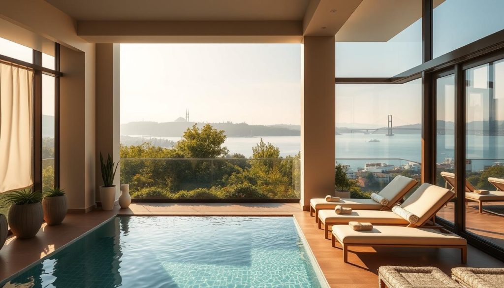 A serene spa retreat overlooking the picturesque Bosphorus Strait in Istanbul. A sun-drenched terrace with plush lounge chairs and a tranquil infinity pool, surrounded by lush greenery and the distant hazy silhouettes of historic buildings. Soft natural light filters through large windows, creating a warm and soothing ambiance. The interior features elegant decor with natural materials, muted tones, and modern amenities, inviting guests to unwind and indulge in a truly restorative experience.