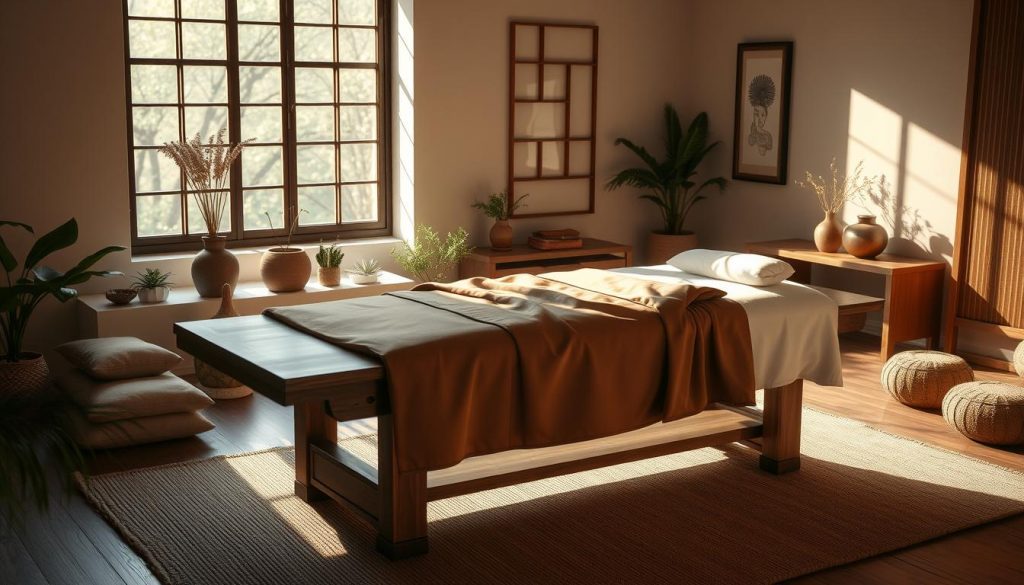 A serene, tranquil scene showcasing the ancient Eastern art of energy balancing massage techniques. The focal point is a beautifully crafted wooden massage table, adorned with elegant, flowing fabrics in earthy tones. Soothing natural lighting filters through a window, casting a warm, diffused glow across the scene. In the background, a minimalist decor of potted plants, meditation pillows, and subtle Eastern-inspired artwork create a calming, restorative atmosphere. The camera angle is slightly elevated, capturing the serene ambiance and inviting the viewer to experience the deep, harmonizing energies of this traditional practice.