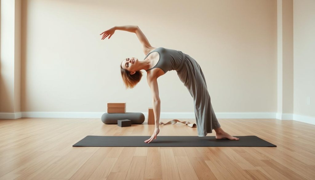 A serene, well-lit studio setting with a hardwood floor and a neutral-toned backdrop. In the foreground, a female figure dressed in comfortable, flowing yoga attire gracefully holds a deep, extended forward fold, her body elongated and her limbs gently reaching towards the ground. The mid-ground showcases a collection of yoga props, including a bolster, blocks, and a strap, neatly arranged. The background features soft, diffused lighting, creating a calming and introspective atmosphere. The overall scene radiates a sense of tranquility, flexibility, and mindfulness, perfectly capturing the essence of the "Vücudunuzu Esnetin, Zihninizi Serbest Bırakın: Yoga Pozisyonları" section.
