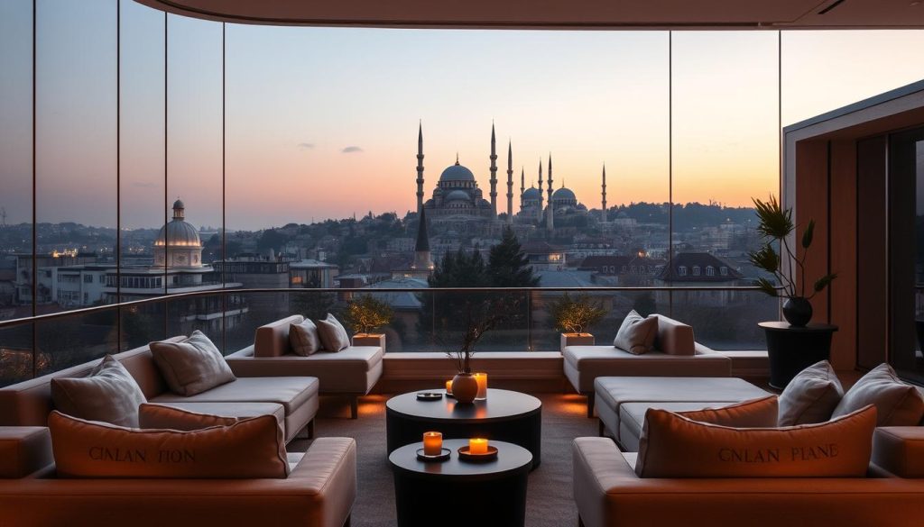 A serene wellness oasis nestled in the heart of Istanbul, filled with the tranquil ambiance of a boutique spa. Plush, inviting lounge areas bathed in warm, soft lighting invite guests to unwind. Sleek, minimalist decor accentuates the refined elegance, while a soothing color palette of earthy tones and natural textures evokes a sense of balance and harmony. In the background, the iconic domes and minarets of the city skyline create a picturesque vista, a harmonious blend of ancient and modern. The overall scene conveys a holistic experience of rejuvenation, where the contemporary wellness trend intersects with Istanbul's timeless charm.