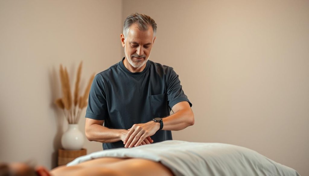 A skilled and experienced massage therapist standing in a serene, softly-lit studio. Their hands gently kneading and manipulating the muscles of a client, exuding a sense of calm professionalism. The therapist's face is focused and attentive, their movements fluid and practiced. The background is minimalist, with clean lines and muted colors to emphasize the therapy session. Soft, diffused lighting casts a warm, soothing glow, creating an atmosphere of relaxation and trust. The overall scene conveys the expertise and care of a seasoned massage professional.