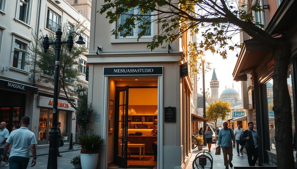 A tranquil cityscape of Istanbul's neighborhoods, showcasing the rise of boutique massage services. Sunlight filters through the bustling streets, illuminating the charming facades of local businesses. In the foreground, a discreet entrance leads to an inviting massage studio, its warm interior hinting at the personalized wellness experiences within. Surrounding the studio, the vibrant life of the neighborhood unfolds, with pedestrians strolling past quaint shops and cafes. In the distance, the iconic landmarks of Istanbul's skyline stand tall, a testament to the city's rich cultural heritage. The scene conveys a sense of urban serenity, where the pursuit of self-care and rejuvenation has become an integral part of the local fabric.