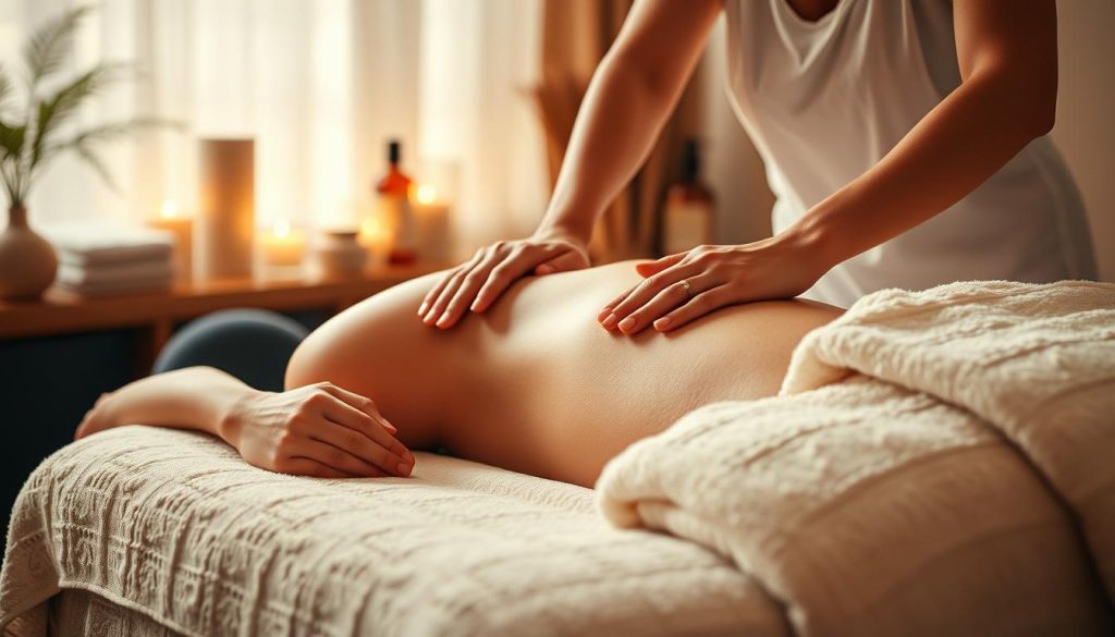 A tranquil post-workout massage session unfolds, capturing the soothing interplay of touch and relaxation. In a softly lit room, a massage therapist's skilled hands gently knead sore muscles, releasing tension and restoring balance. Plush towels and calming scents create an oasis of calm, inviting the mind to drift away from the physical exertion. Warm, muted tones permeate the scene, conveying a sense of rejuvenation and well-being. The seamless blend of physical and mental restoration reflects the power of touch in holistic massage therapy.