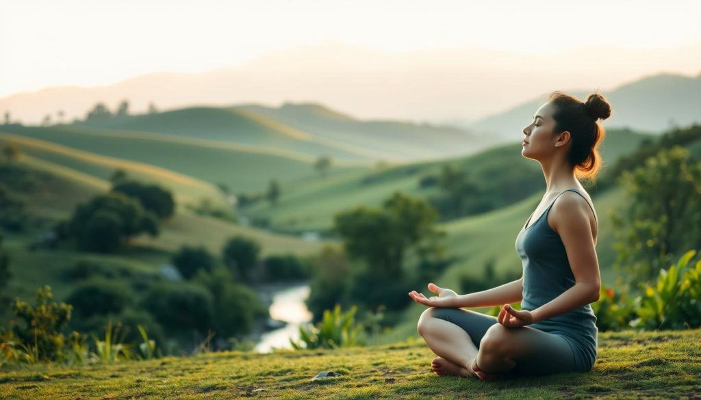 A tranquil, serene scene of a person practicing deep breathing techniques in a peaceful, natural setting. The foreground features a person seated in a relaxed lotus position, their eyes closed and their body languid as they draw in a deep, cleansing breath. The middle ground showcases a lush, verdant landscape with rolling hills, a gentle stream, and abundant foliage. The background depicts a picturesque mountain range bathed in soft, golden light, creating a serene, meditative atmosphere. The lighting is soft and diffused, creating a calming, introspective mood. The camera angle is slightly elevated, allowing the viewer to observe the scene from an almost bird's-eye perspective, emphasizing the sense of calm and introspection.