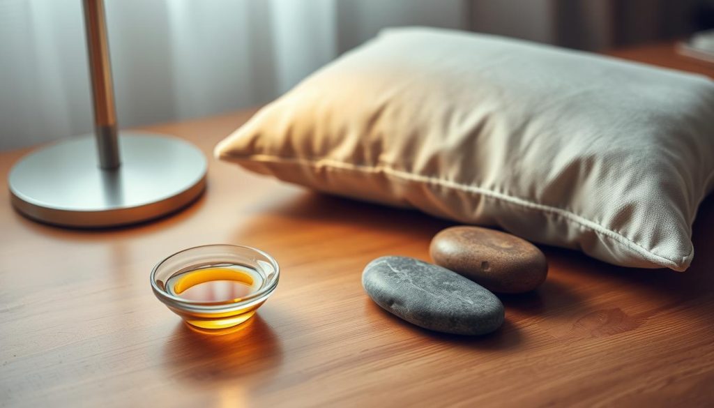 A tranquil workspace with a wooden desk, featuring a small bowl filled with fragrant oils, a plush pillow, and a smooth, polished river stone. Soft, diffused lighting casts a warm, soothing glow, creating an atmosphere of relaxation. The scene evokes a sense of mindful self-care, with the essential elements for a brief, rejuvenating mini massage during the workday. The composition emphasizes simplicity and balance, allowing the viewer to envision themselves taking a moment to pause and recharge.