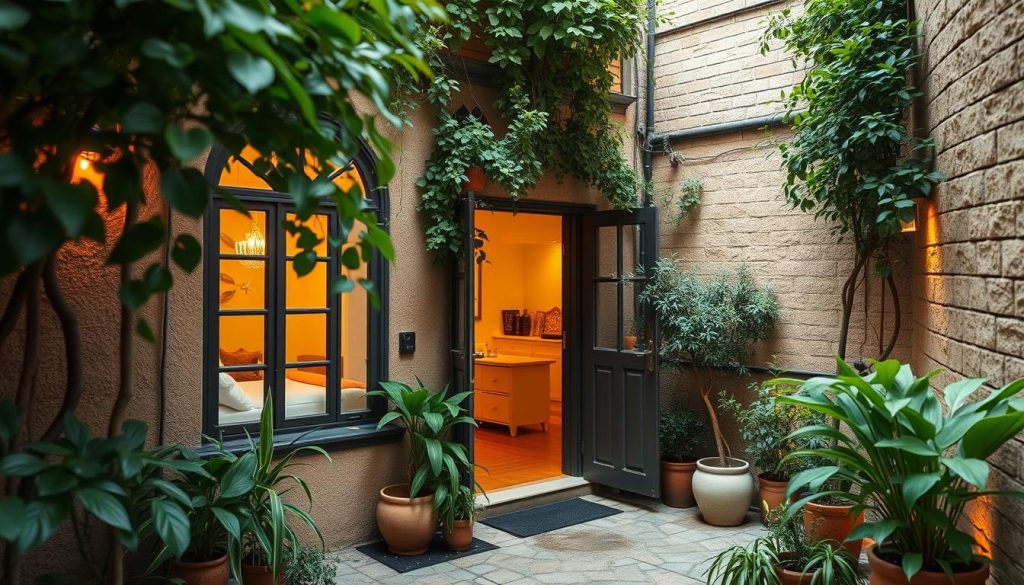 A charming, secluded courtyard in the heart of Beşiktaş, Istanbul, where a boutique massage studio nestles amidst lush greenery. The studio's facade exudes a tranquil, earthy aesthetic, with warm lighting filtering through its windows, inviting visitors to step into a sanctuary of relaxation. Serene potted plants and a small water feature add to the calming ambiance, creating a hidden oasis away from the bustling city streets. The composition captures the studio's cozy, intimate atmosphere, showcasing its discreet yet alluring presence within the neighborhood's hidden gardens.