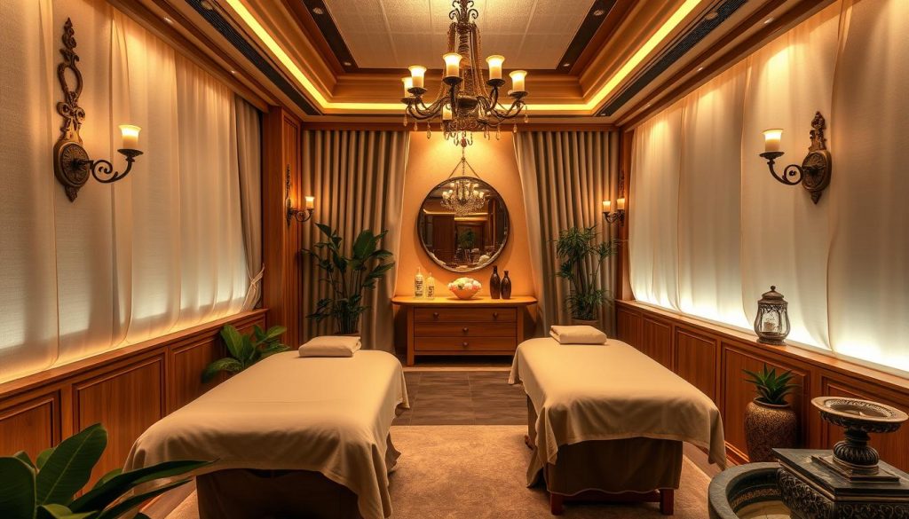 A cozy and inviting boutique massage parlor, its interior bathed in warm, soft lighting. Plush fabrics and natural wood accents create a serene, spa-like ambiance. Ornate details catch the eye, from ornate sconces to delicate glass vases. Lush greenery and soothing water features add to the tranquil atmosphere. Massage tables are positioned to offer privacy, with crisp linens and fluffy pillows beckoning. The room radiates a sense of escape, every element thoughtfully curated to make the experience unforgettable.