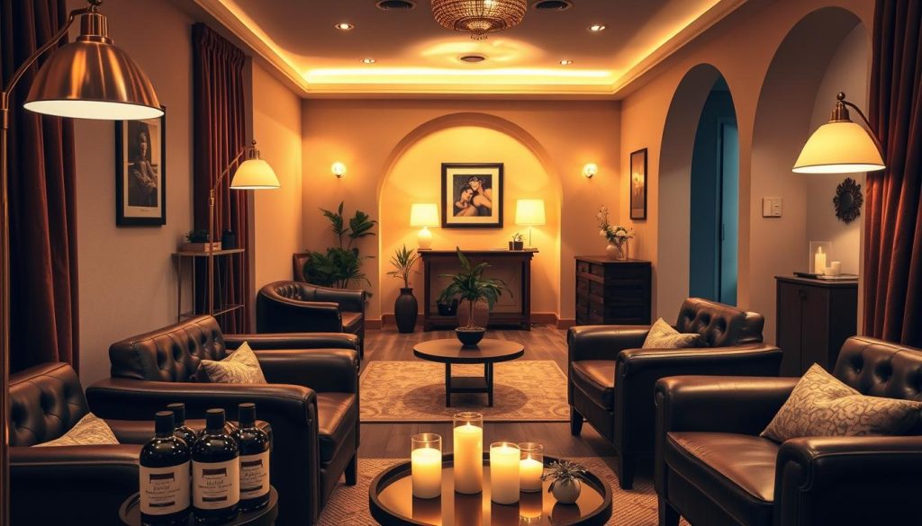 A cozy and inviting interior of a boutique massage center in Istanbul. Soft lighting from brass lamps casts a warm glow over plush leather chairs and a soothing color palette of earthy tones. In the foreground, a tasteful display of massage oils and candles hints at the pampering experience to come. The middle ground features a tranquil sitting area with potted plants and understated artwork, while the background showcases a discreet reception desk framed by elegant archways. The overall atmosphere conveys a sense of relaxation, mindfulness, and an escape from the bustling city streets outside.