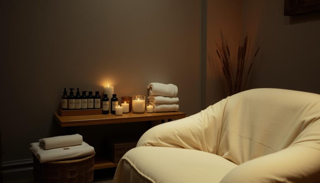 A cozy, dimly lit room with soft, ambient lighting. A wooden side table holds an array of massage oils, towels, and candles. A plush, oversized chair sits in the foreground, inviting the viewer to relax and unwind. The room's neutral color palette, with accents of natural textures, creates a soothing, spa-like atmosphere. The scene conveys a sense of tranquility and anticipation, setting the stage for an indulgent massage experience.
