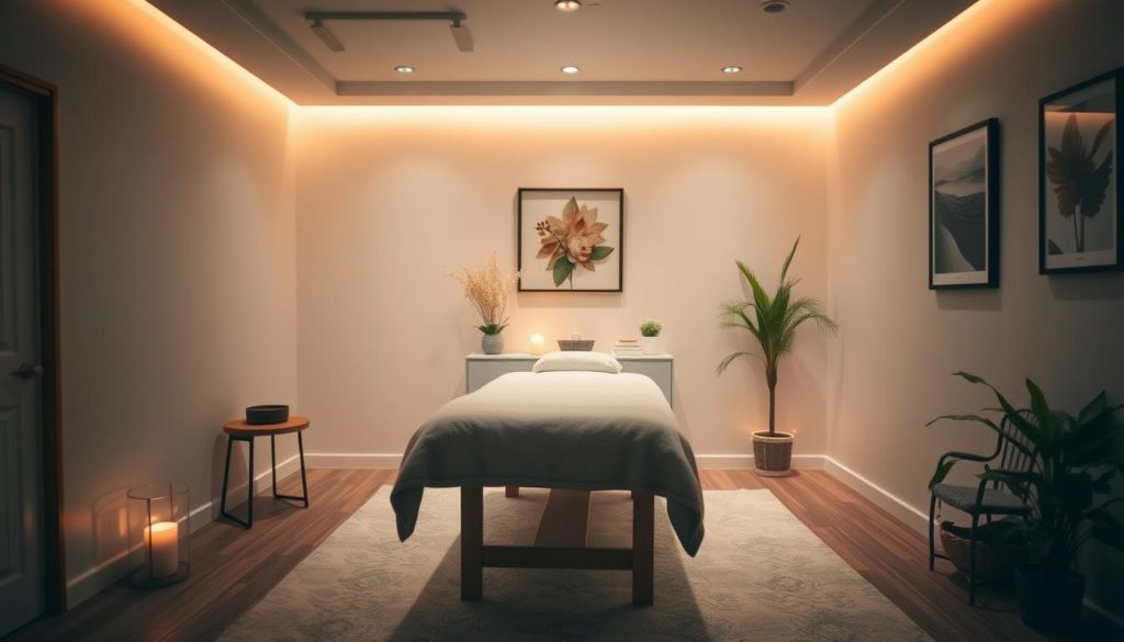 A cozy, dimly lit room with soft lighting and soothing ambiance. A plush, inviting massage table sits in the center, surrounded by tasteful decor and natural elements like potted plants and calming artwork. The focus is on creating a tranquil, personalized space for an intimate, therapeutic massage experience. The camera angle is slightly elevated, capturing the serene, relaxing atmosphere of the scene.