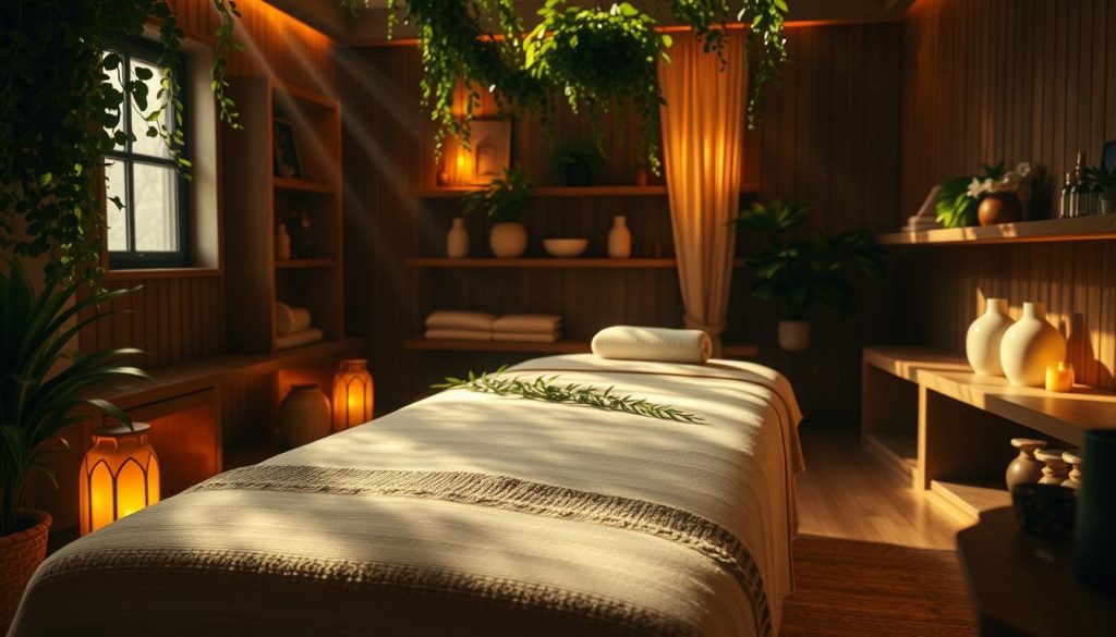 A cozy, dimly lit room with warm lighting, soft textures, and a serene atmosphere. In the center, a beautifully crafted wooden massage table, its surface glistening with aromatic oils. Lush greenery cascades from the shelves, adding a natural, therapeutic ambiance. Delicate, soothing music fills the air, as beams of sunlight filter through the windows, casting a gentle, ethereal glow. The scene evokes a sense of tranquility, inviting the viewer to experience the restorative benefits of a boutique massage session.