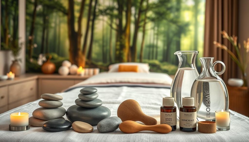 A cozy massage studio filled with soothing natural light, a plush massage table draped in soft linens, and an array of essential oil diffusers emitting calming aromas. In the foreground, a collection of smooth river stones, fragrant candles, and a sleek glass carafe of hydrating water, all arranged with meticulous care. The middle ground showcases a variety of massage tools, including a wooden gua sha tool and a set of silky massage oils in earthy tones. In the background, a serene mural of a lush forest landscape, creating a peaceful, rejuvenating atmosphere. The overall scene evokes a sense of tranquility and mindful preparation, setting the stage for a transformative hydration-focused massage experience.