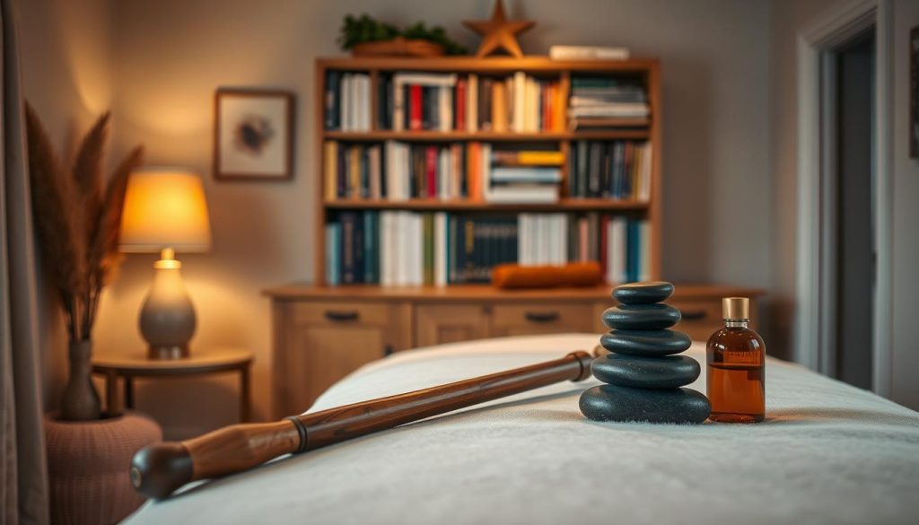 A cozy, softly lit bedroom with natural textures and soothing colors. In the foreground, a massage table is positioned, adorned with plush linens and accented by the warm glow of a reading lamp. On the table, various massage tools are neatly arranged, including a long-handled back massager, a set of smooth river stones, and a bottle of aromatic massage oil. In the middle ground, a bookshelf filled with self-care and wellness volumes stands as a backdrop, hinting at the expertise and knowledge within. The overall atmosphere is one of relaxation, comfort, and a sense of rejuvenation, inviting the viewer to imagine themselves receiving a nurturing, at-home massage experience.