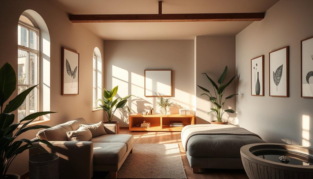 A cozy, sun-drenched boutique massage studio, its soft gray walls adorned with minimalist artworks. Plush velvet sofas and natural wood accents create an intimate, tranquil ambiance. Warm task lighting casts a gentle glow, while large windows allow natural light to filter in, illuminating the serene space. Lush indoor plants and a soothing water feature instill a sense of natural harmony. Elegant yet understated, the studio exudes an aura of refined relaxation, inviting visitors to escape the bustling city and indulge in a personalized wellness experience.