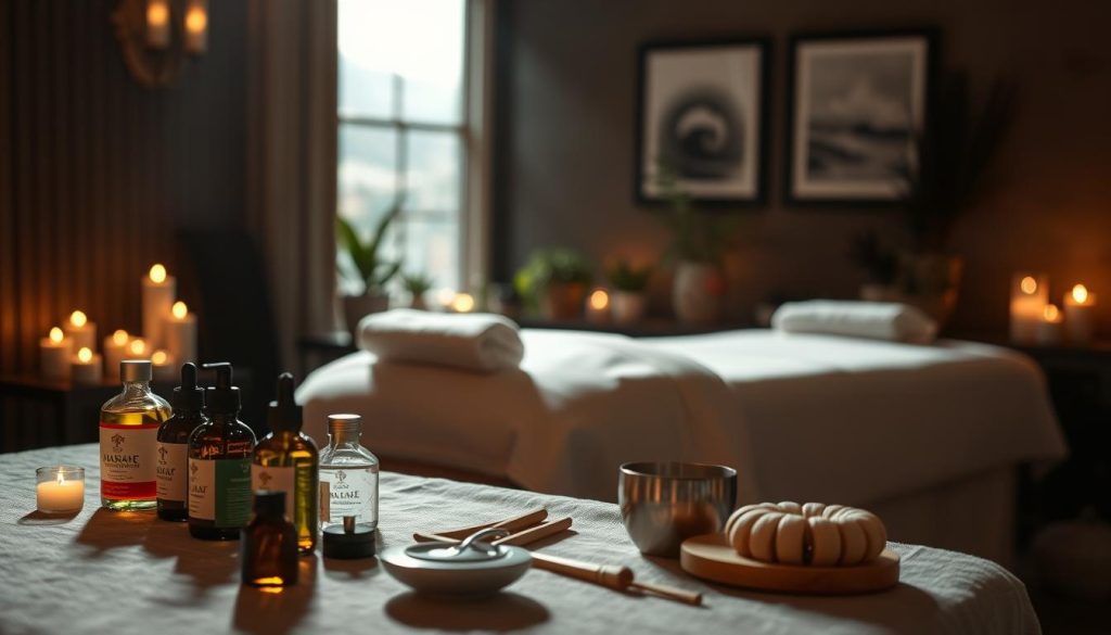 A dimly lit massage room, the warm glow of candlelight casting shadows on the walls. In the foreground, an array of massage oils and tools neatly arranged, each with its purpose clearly defined. The middle ground showcases a massage table, its clean white sheets and plush cushioning inviting a sense of comfort and relaxation. In the background, a tranquil scene of potted plants and calming artwork, creating an atmosphere of peace and serenity. The lighting is soft and diffused, emphasizing the importance of safety and care in the massage experience. This image conveys the essence of "Masaj Güvenlik Önlemleri," highlighting the key elements that ensure a secure and rejuvenating massage session.