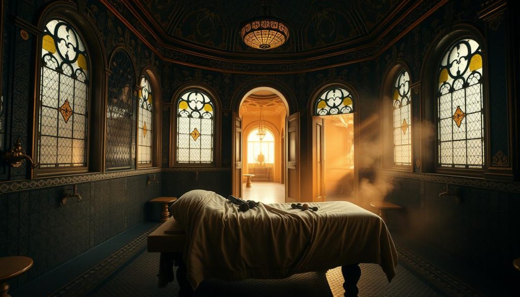 A dimly lit, opulent Ottoman-era bathhouse interior, with intricate tiled walls, ornate brass fixtures, and steamy atmosphere. In the center, an elegantly draped massage couch, surrounded by plush pillows and traditional massage tools. Soft, warm lighting filters through stained glass windows, casting a golden glow. In the background, a glimpse of domed ceilings and arched doorways suggests the grand scale of the historical space. The scene evokes a sense of timeless relaxation and indulgence, transporting the viewer to the luxurious world of Ottoman-era massage traditions.