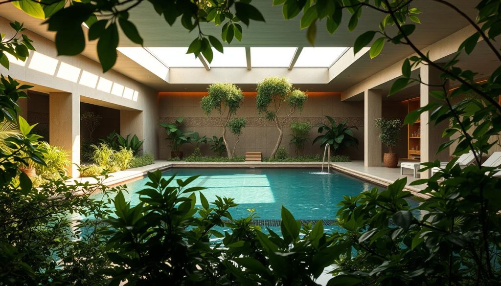 A lush, serene oasis in the heart of İstanbul, where ancient wellness traditions and modern aesthetics converge. Verdant foliage frames a tranquil pool, its surface reflecting the warm glow of natural light filtering through large skylights. Sleek, minimalist architecture blends seamlessly with earthy materials, creating a harmonious, spa-like ambiance. Soft, diffused lighting casts a soothing, therapeutic glow, while the gentle sound of flowing water echoes through the space, inviting visitors to unwind and reconnect with their inner selves. This is the evolution of wellness in İstanbul, a sanctuary where the mind, body, and spirit find balance and rejuvenation.