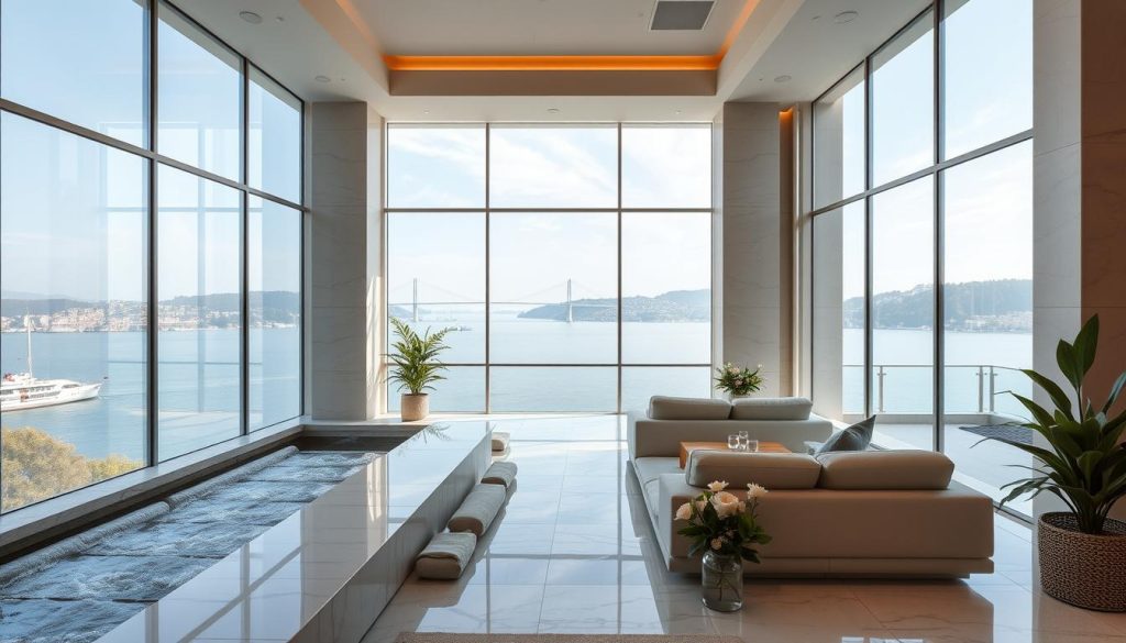 A luxurious spa experience overlooking the breathtaking Bosphorus Strait in Istanbul. A serene, minimalist interior with high ceilings, natural light filtering through large windows offering panoramic views of the historic waterway and its iconic bridges. Plush, neutral-toned furnishings, sleek marble surfaces, and the soothing sounds of cascading water create a tranquil, rejuvenating atmosphere. Lush greenery and delicate floral arrangements accentuate the serene ambiance. Soft, warm lighting casts a gentle glow, enhancing the overall sense of relaxation. A private terrace with comfortable seating allows guests to fully immerse themselves in the captivating Bosphorus scenery, providing an unforgettable spa retreat in the heart of Istanbul.