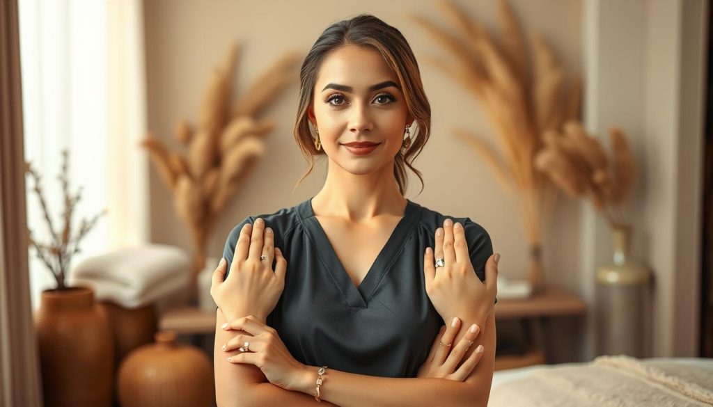 A professional masseuse stands elegantly in a serene, softly lit spa-like setting. Her skilled hands, adorned with delicate jewelry, exude a sense of confidence and expertise. The background features plush fabrics, natural textures, and soothing colors that create an atmosphere of tranquility and comfort. Diffused lighting gently illuminates her serene expression, suggesting a balance of professionalism and personalized care. The composition conveys the essence of a tailored, high-quality massage experience, where trust and quality are the hallmarks of the service.