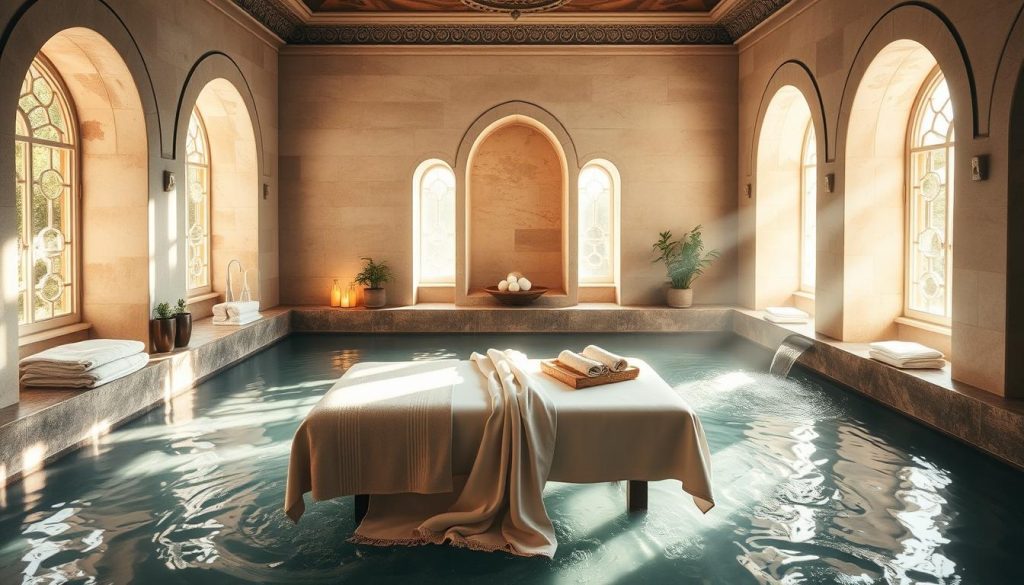 A serene Turkish bath interior with soft natural lighting filtering through arched windows. Plush towels, fragrant oils, and the gentle sound of flowing water create a calming atmosphere. In the center, a cozy massage table draped in luxurious fabrics, inviting the viewer to slow down and savor the moment. The scene evokes a sense of timelessness, where the stresses of the outside world melt away, allowing the mind and body to find true respite.