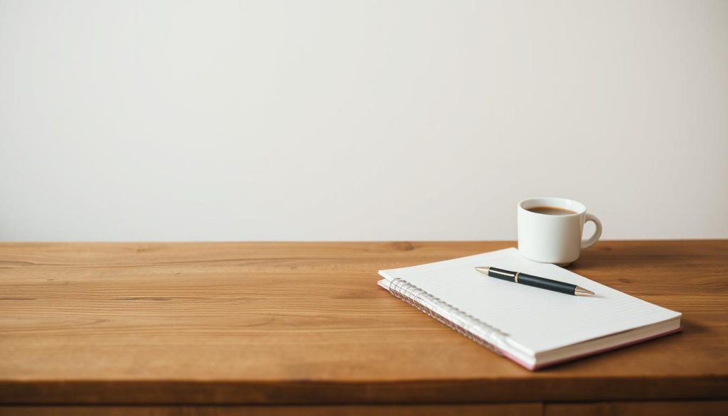 A serene and minimalist scene of a wooden table with a notebook, pen, and a cup of tea or coffee, set against a neutral background. The lighting is soft and diffused, creating a warm and inviting atmosphere. The focus is on the table-top items, suggesting a thoughtful and introspective setting for the "Randevu Soruları" or pre-massage consultation questions. The overall composition is balanced and visually pleasing, inviting the viewer to immerse themselves in the scene.
