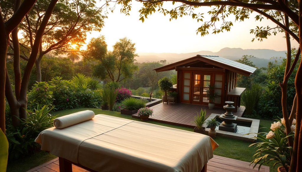 A serene "butik masaj" center nestled in a lush green landscape, surrounded by tall trees and blooming flowers. The foreground features a tranquil outdoor massage area, with a comfortable wooden massage bed adorned with soft, earthy-toned linens. The middle ground showcases a small, elegantly designed wooden terrace with natural decor, complemented by bamboo plants and soothing water features like a small fountain. The background reveals distant hills under a soft, golden sunset that bathes the scene in warm, inviting light. The atmosphere is calm and peaceful, perfect for relaxation and rejuvenation. The composition captures the essence of escaping the urban hustle for a serene retreat in nature.