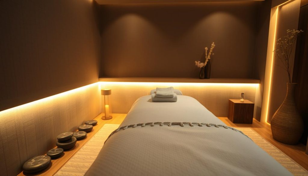 A serene, dimly lit boutique massage studio in Istanbul, with plush textiles, soft lighting, and soothing aromas. A single massage table takes center stage, surrounded by a harmonious blend of natural elements like smooth river stones, delicate flowers, and wooden accents. The atmosphere exudes tranquility, inviting the viewer to experience the personalized, restorative power of a customized massage therapy session. Diffused lighting casts a warm, calming glow, while the camera angle captures the intimate, private setting, showcasing the essence of personalized well-being and self-care.