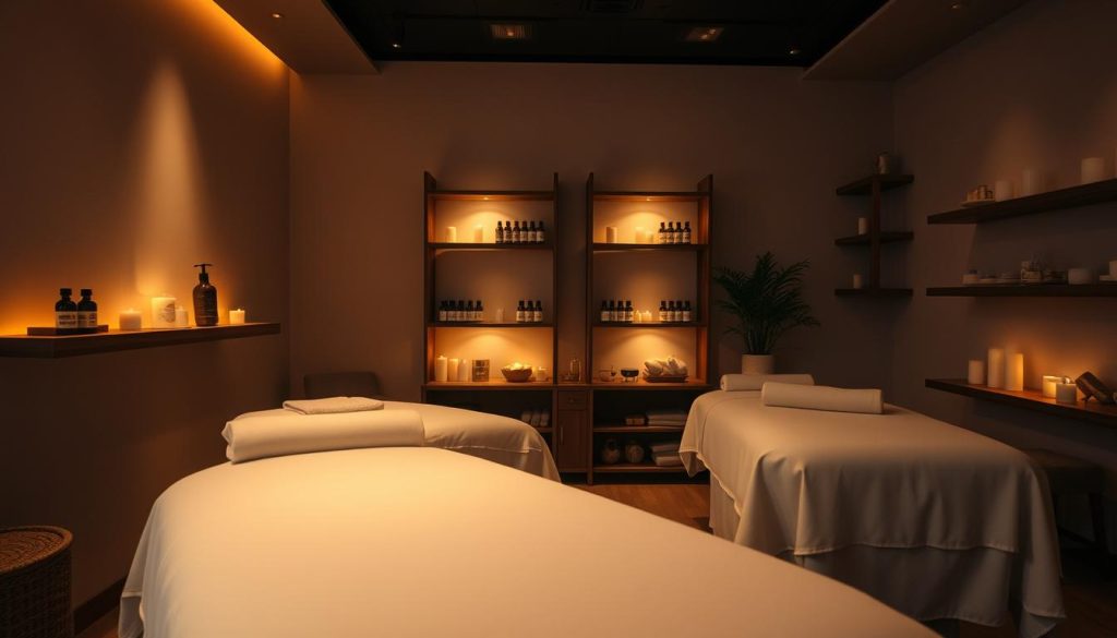 A serene, dimly lit massage studio with warm, muted lighting. Soft, plush massage tables draped in crisp, white linens. Shelves displaying an array of fragrant essential oils and soothing candles. The space exudes an air of tranquility, inviting the viewer to experience the diverse, artfully executed massage techniques that are the focus of this butik setting. The camera captures the scene from a slightly elevated angle, emphasizing the harmonious, spa-like atmosphere. Emphasis on the technical mastery and care that define the massage practices in this boutique wellness center.
