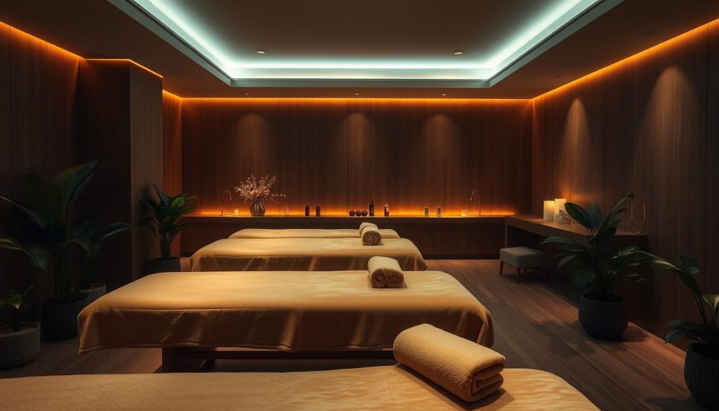 A serene, dimly lit spa interior in Istanbul, Turkey. Plush, velvet-upholstered massage tables arranged in a tranquil setting, surrounded by lush greenery and soft, ambient lighting. Warm, natural tones and textures evoke a sense of luxury and relaxation. The space exudes an air of professionalism and expertise, hinting at the skilled masseuses who work here, ready to provide a restorative wellness experience.