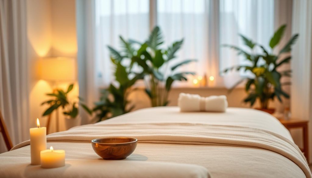 A serene home massage setting in a softly lit room, featuring a comfortable massage table adorned with clean, plush towels. The foreground showcases soothing elements like aromatic candles and a small bowl of essential oils. In the middle, a stylish massage table with gentle, calming colors exudes tranquility. In the background, there are lush indoor plants that enhance the peaceful atmosphere, along with warm, inviting lighting that casts a soft glow throughout the space. The overall mood captures relaxation and luxury, perfect for an at-home massage experience. The scene is meticulously arranged to evoke comfort and serenity, emphasizing a high-quality, boutique service.