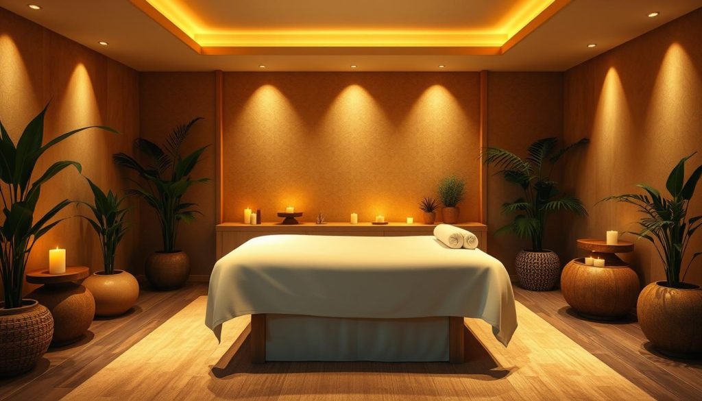 A serene, inviting butik massage room bathed in warm, soft lighting. Plush, earthy-toned furnishings create a cozy, intimate atmosphere. Ambient candles flicker, their gentle glow complementing the natural textures of the space. Lush potted plants and soothing water features establish a calming, restorative ambiance. An oversized massage table stands at the center, its crisp linens and plump cushions beckoning relaxation. Gentle shadows dance across the walls, hinting at the tranquility and rejuvenation awaiting within this private, luxurious sanctuary.