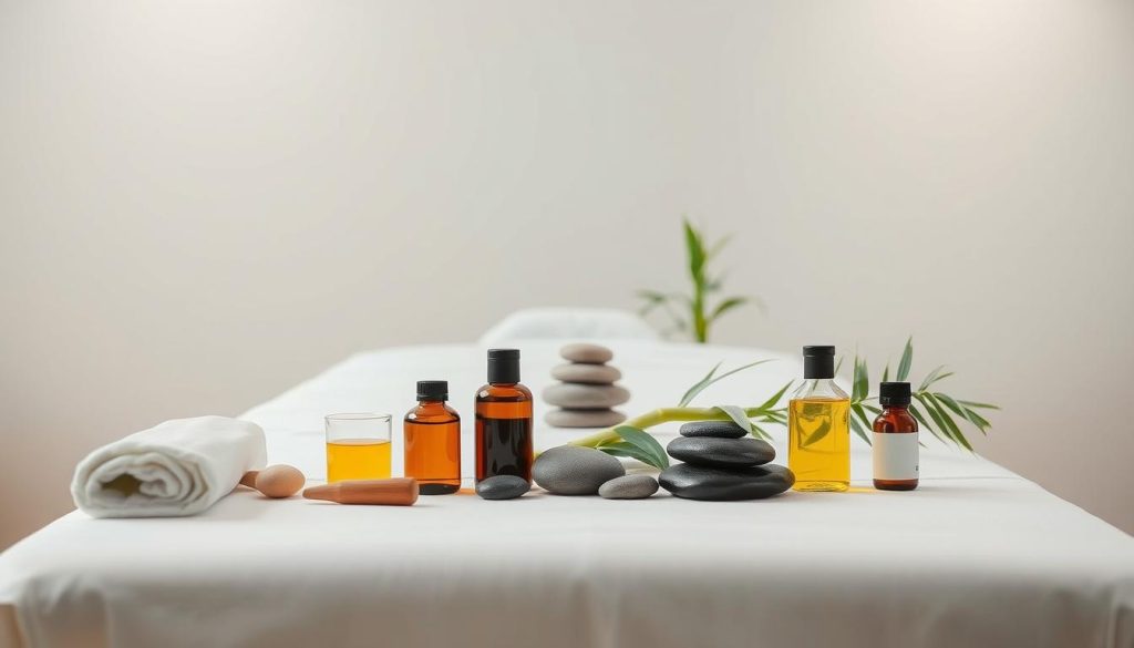 A serene massage table set against a minimalist backdrop, with soft lighting illuminating the clean lines and surfaces. In the foreground, a collection of therapeutic tools and oils, meticulously arranged to convey the scientific principles behind massage's benefits. The middle ground showcases a holistic display of soothing natural elements, such as river stones, bamboo, and lush greenery, creating a sense of balance and well-being. The background fades into a calming, neutral palette, allowing the focal points to shine. The overall composition emanates a sense of tranquility and professionalism, inviting the viewer to experience the measurable effects of massage on stress, sleep, and circulation.