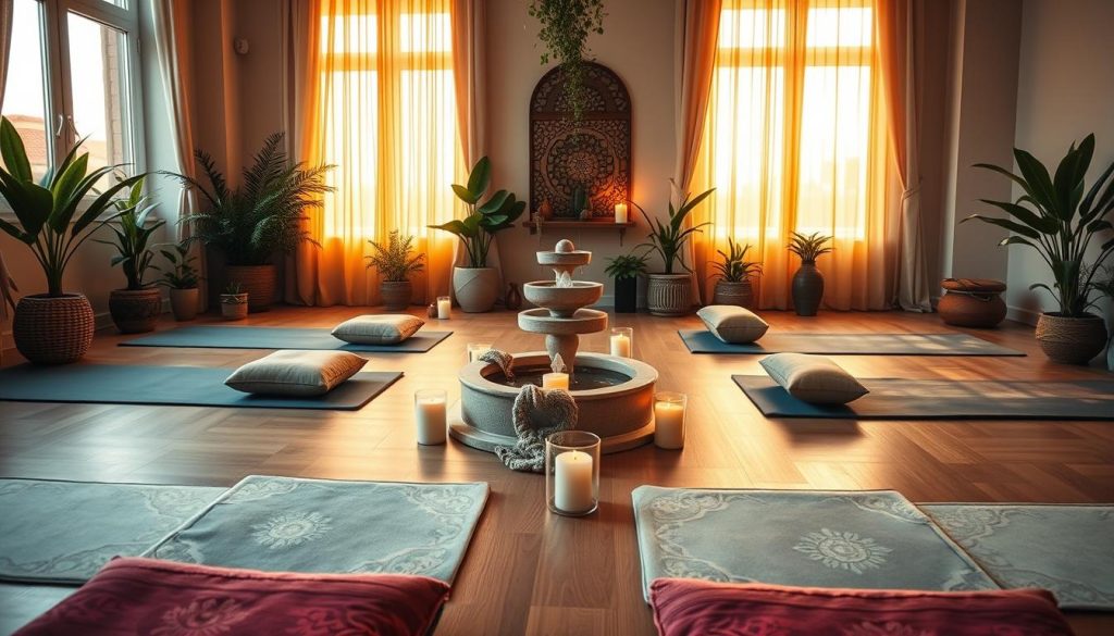 A serene meditation and yoga session in an intimate boutique center in Istanbul. In the foreground, a softly lit space with plush yoga mats arranged in a circle, adorned with vibrant cushions and fragrant candles. The middle ground features calming natural elements like a small indoor water fountain and lively potted plants, creating a tranquil atmosphere. The background showcases large windows with sheer curtains, allowing warm, golden light to filter in, illuminating the room and enhancing the peaceful vibe. Soft, harmonious colors dominate the scene, instilling a sense of relaxation and mental clarity. The overall mood is one of calm, inviting individuals to connect with their mind and body through yoga and meditation practices.