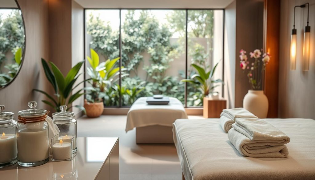 A serene, modern spa interior with plush towels, soft lighting, and luxurious amenities. The foreground features a clean, minimalist vanity with glass jars of spa products. The middle ground showcases a calming, heated stone treatment table surrounded by lush greenery. The background depicts a large window overlooking a tranquil garden, allowing natural light to flood the space. The overall atmosphere is one of quiet, indulgent pampering and well-being, reflecting the boutique spa philosophy of Istanbul.