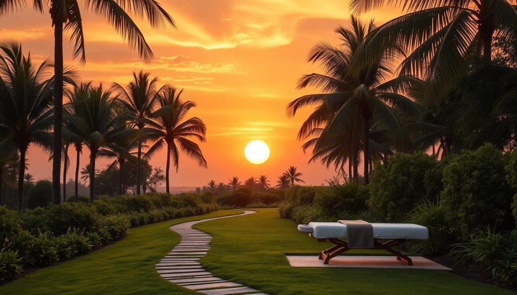 A serene sunset landscape with a winding footpath leading through a lush, verdant garden. The path winds gracefully, inviting the viewer to embark on a tranquil, rejuvenating journey. The sky is ablaze with warm hues of orange, pink, and gold, creating a softly diffused, calming ambiance. Tall, swaying palm trees frame the scene, adding an air of tropical serenity. The foreground features a stylish, minimalist massage table tucked away in a secluded alcove, promising a luxurious, private experience. The overall composition evokes a sense of peaceful escapism, perfectly capturing the essence of a sunset massage retreat.