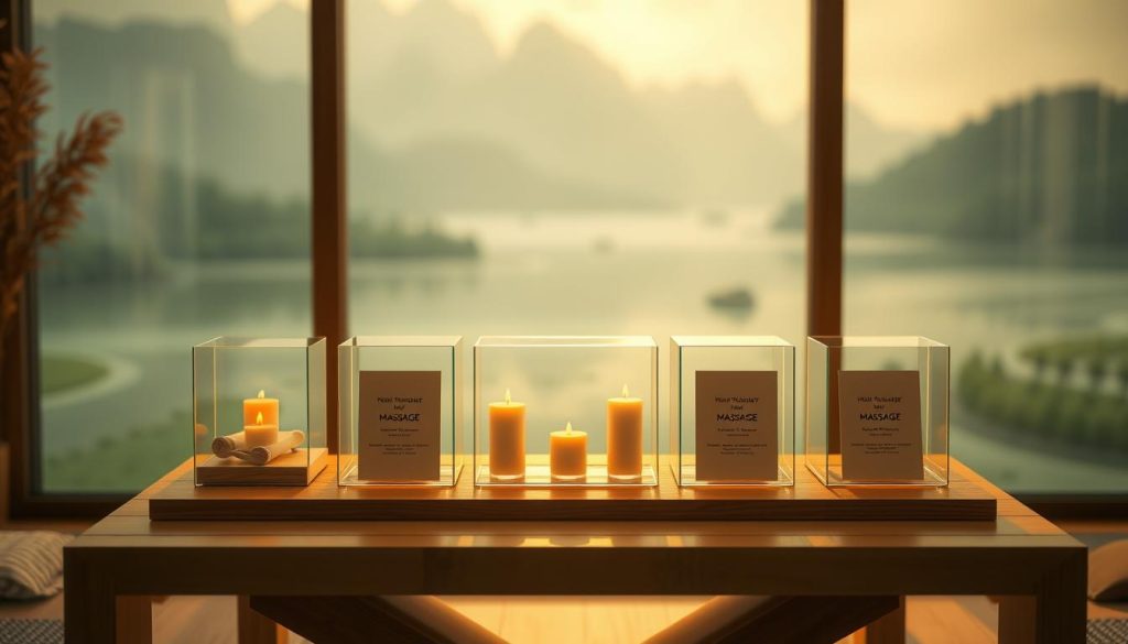 A serene, well-lit spa-like setting, with elegant glass-encased massage packages displayed on a chic, minimalist wooden table. The packages are arranged in a visually appealing, symmetrical layout, showcasing their transparent packaging that highlights the high-quality massage services within. The background features a softly blurred, calming natural landscape, creating a tranquil, rejuvenating atmosphere. The lighting is warm and diffused, casting a soothing glow over the scene. The overall composition conveys a sense of transparency, luxury, and the personal care and attention to detail that the massage packages offer.